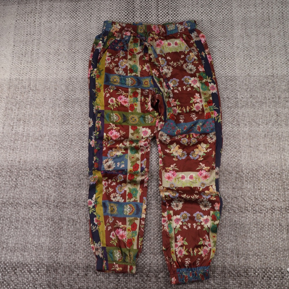 Johnny Was Silk Blend Floral Patchwork Joggers Womens XS Burgundy Excellent Boho